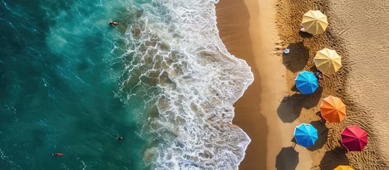 Papier Peint photo Destinations Tropical beach with colorful umbrellas Picture with drone. Copy space image. Place for adding text