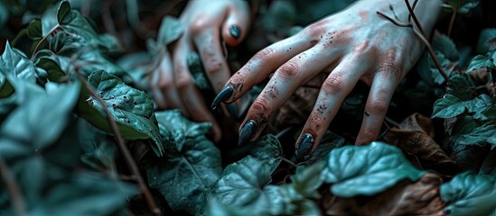 Horror and Halloween theme Terrible zombie hands dirty with black nails reach to the green leaves the walking dead apocalypse first person view. Copy space image. Place for adding text