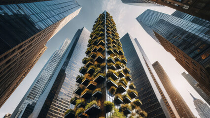Low Angle View of Skyscrapers. Low Angle Perspective of Skyscrapers. Green Architecture Bank Building ESG City Concept. Low Angle Shot. - obrazy, fototapety, plakaty