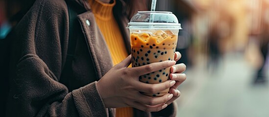 Bubble milk tea fever theme female hands holding and clinking transparent disposable plastic glass with dome lid contained iced bubble or boba milk tea with black jumbo plastic drinking straw - Powered by Adobe