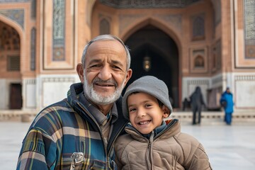 Muslim father and son smiling to camera in front of mosque