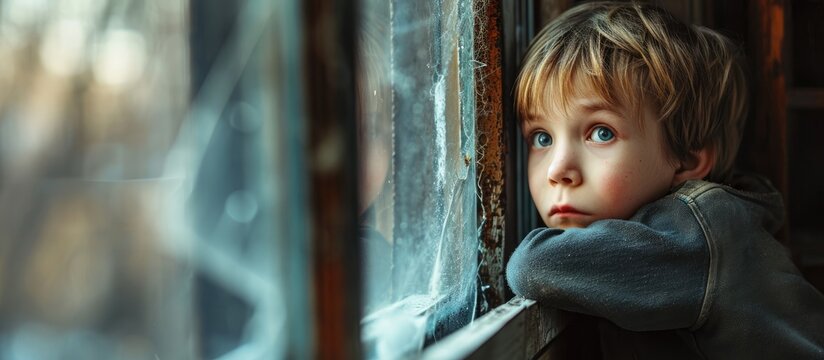 Backside of little baby boy standing on tiptoes next to window home with teddy bear looking outside during coronavirus Covid 19 outbreak quarantine social distancing Emotional kid feeling lonel