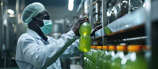 African male factory worker wearing medical mask picking up green juice bottle or basil seed drink for checking quality in beverage factory. Copy space image. Place for adding text - obrazy, fototapety, plakaty