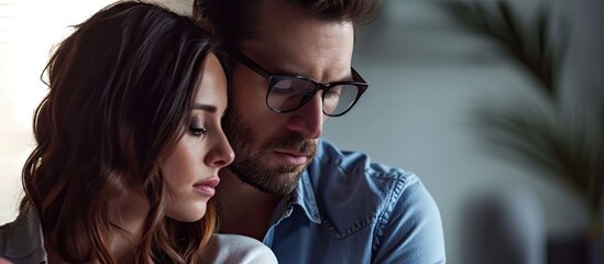 Couple Man and Woman Concerned About Prescription. Copy space image. Place for adding text