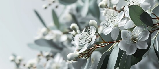 Flowers from the species Eucalyptus caesia or silver princess. Copy space image. Place for adding text