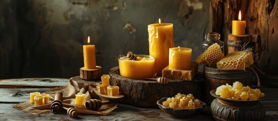 Honeycombs in jars and candles with different patterns handmade with beeswax on wood. Copy space image. Place for adding text