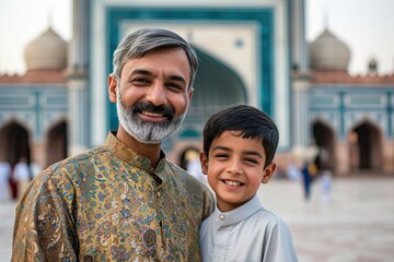 Muslim father and son smiling to camera in front of mosque - obrazy, fototapety, plakaty