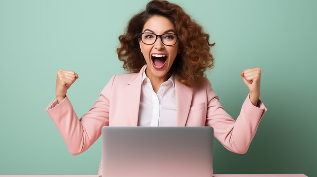 Celebraci&oacute;n de la joven ganadora del premio con un port&aacute;til. Concepto de victoria y logros