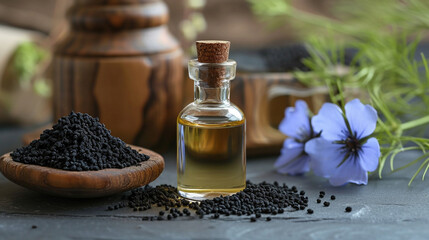 Black cumin essential oil in a small bottle. selective focus. Generative AI,