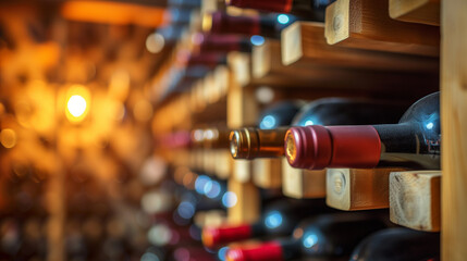 Elegant Wine Cellar Collection: Rows of Vintage Red Wine Bottles in Ambient Lighting, Luxury Wine Tasting and Storage Concept