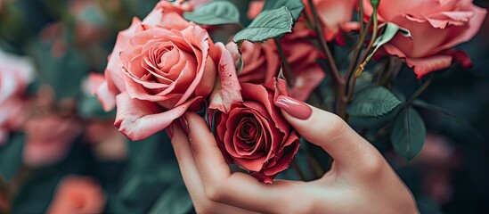 Hand with long artificial french manicured nails holding pink rose flowers. Copy space image. Place for adding text