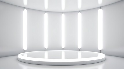 Abstract 3D white cylinder pedestal podium background with perspective neon lighting lines
