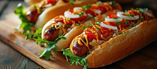Hot dogs with onion tomato and lettuce close up shot. Copy space image. Place for adding text - obrazy, fototapety, plakaty