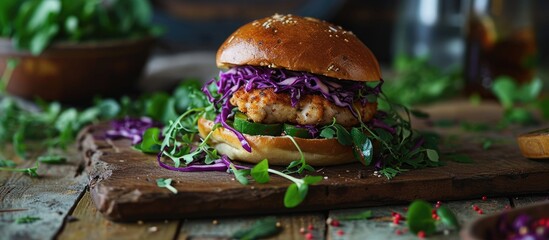 Chicken fillet burger in brioche bun with avocado cress and red cabbage coleslaw. Copy space image. Place for adding text