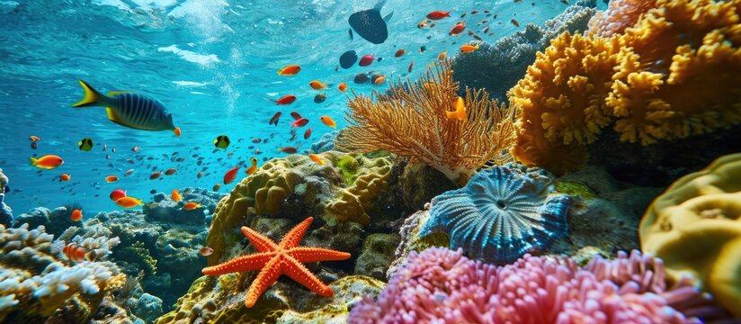 Coral reef with starfish and colorful tropical fish Caribbean sea. Copy space image. Place for adding text