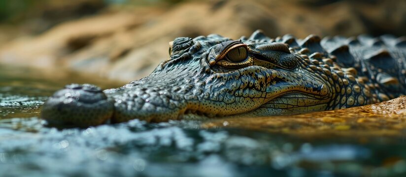 Saltwater crocodile underwater closeup. Copy space image. Place for adding text