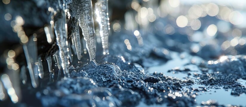 Car side mirror covered with ice and icicles close up. Copy space image. Place for adding text