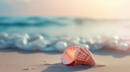 Small seashell on the beach with blurred sof sea and bokeh background