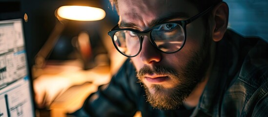Closeup of young man in glasses with beard making blueprints on computer. Copy space image. Place...