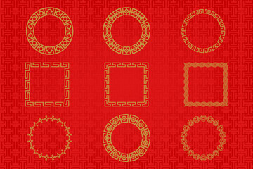 Chinese frame or border set on red background. traditional asian ornaments, golden oriental