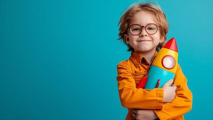 Cute boy in business clothes with rocket in arms.