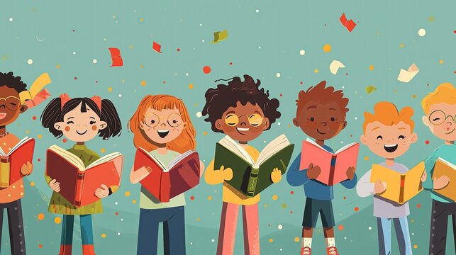 Group of Children Standing Together With Books ans reads a poem