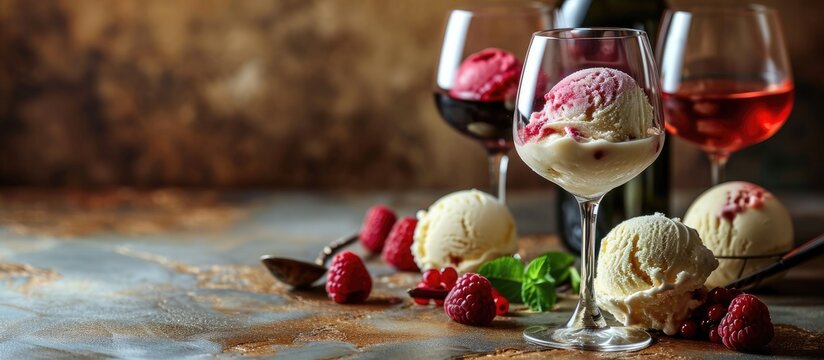 Wine and ice cream tasting. Copy space image. Place for adding text