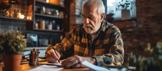 Senior man calculating his monthly finances at home. Copy space image. Place for adding text