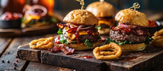 Small beef sliders grilled burgers onion rings little buns bacon served as appetisers for sharing. Copy space image. Place for adding text