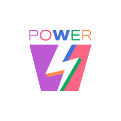 colorful power word and lightning symbol. power logo. power concept