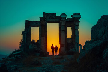 Couple's Silhouette in Ancient Doorway at Twilight