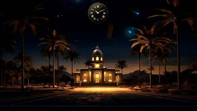 Nighttime scene featuring a grand building with a prominent front-facing clock. Ideal for backgrounds, architectural design, cityscapes, and depicting a majestic urban landscape in the evening.