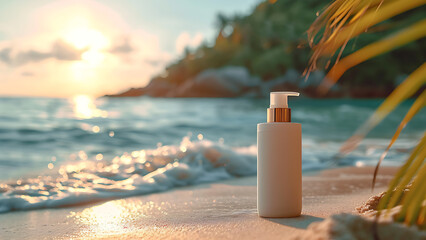Pump bottle cosmetic products on beach background.