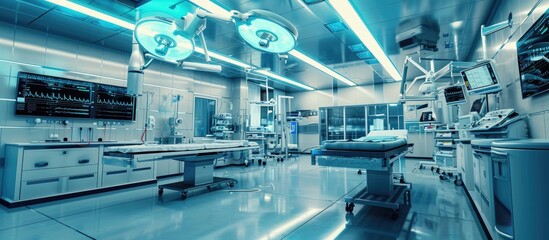 Modern medical devices in hospital emergency room Emergency operating technology. Copy space image. Place for adding text