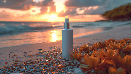 Pump bottle cosmetic products on beach background. - obrazy, fototapety, plakaty