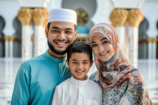 Muslim family smiling to camera in front of mosque
