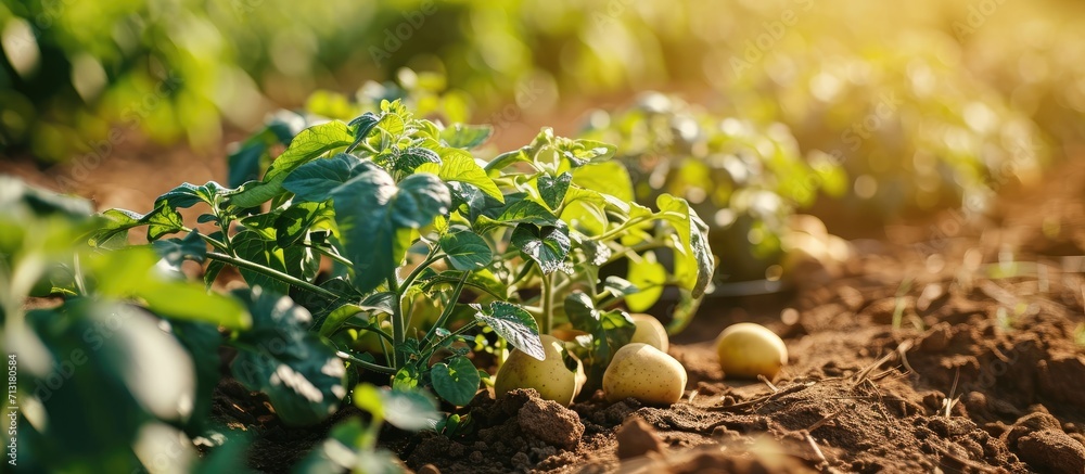 Poster treatment of potato plants from pests wireworm and Colorado potato beetle crop protection with a sprayer. Copy space image. Place for adding text