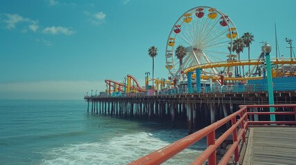 Naklejka premium A picturesque ferris wheel stands tall on a pier overlooking the ocean. Perfect for capturing the vibrant atmosphere of a seaside amusement park