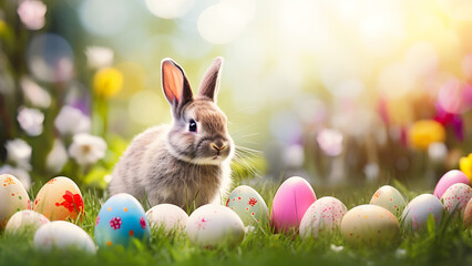 Fototapeta na wymiar Bunny and easter eggs in the meadow with bokeh background.