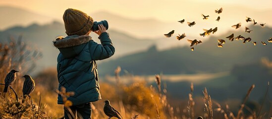 Obraz premium child observes birds with binoculars in the wild birdwatching in childhood. Copy space image. Place for adding text