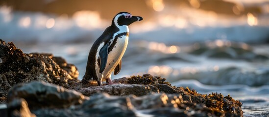 African penguin on the coast at sunset twilight African penguin Spheniscus demersus also known as...