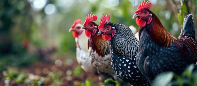 Birds brima respect curiosity of chickens. Copy space image. Place for adding text
