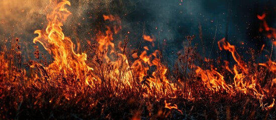 wildfire burns grass trees big fire. Copy space image. Place for adding text