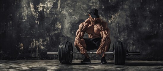 Attractive shirtless man in cap is doing lunge with barbell at dark photo studio. Copy space image. Place for adding text