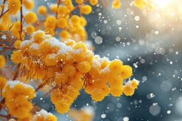 Golden Mimosa Blossoms with snow. International Women's Day, March 8th floral card. 