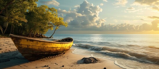 banana boat lays on a beach. Copy space image. Place for adding text - obrazy, fototapety, plakaty