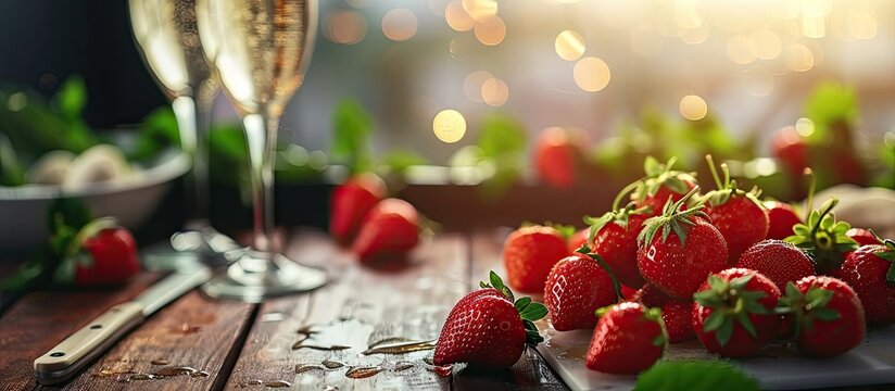 Strawberries and champagne during Wimbledon tournament. Copy space image. Place for adding text