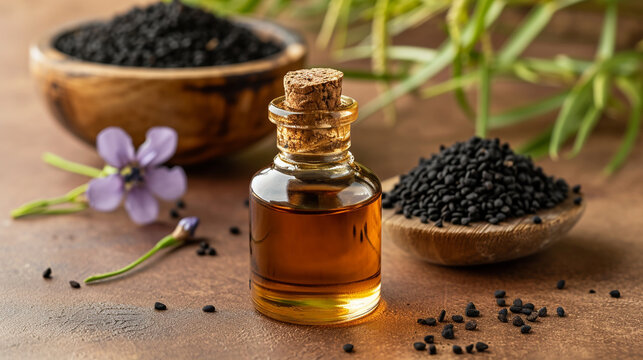 Black cumin essential oil in a small bottle. selective focus. Generative AI,