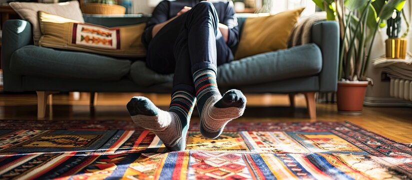 Young man standing by the sofa in the living room and putting elastic stretchable medical anti thrombosis or anti varicose sleeve socks or compression stockings on his tired legs. Copy space image