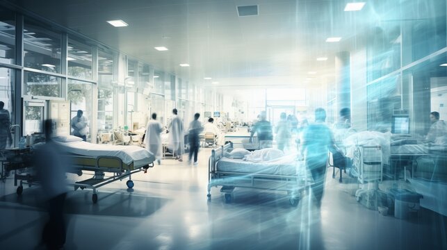 Urgent care: dynamic hospital scene with blurred images of dedicated nurses, attentive patients, and professional medical treatment
